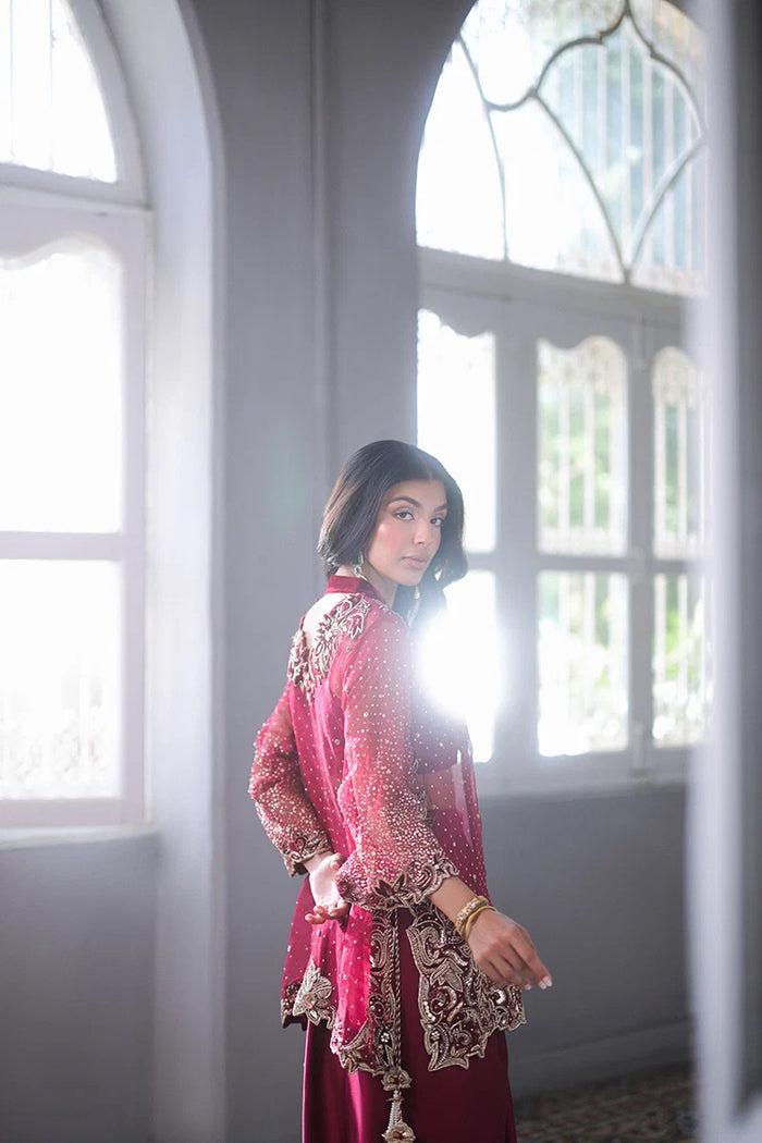 Reem Velvet Bandeau & Silk Draped Skirt with Embroidered Organza Jacket | Uzman Yasen