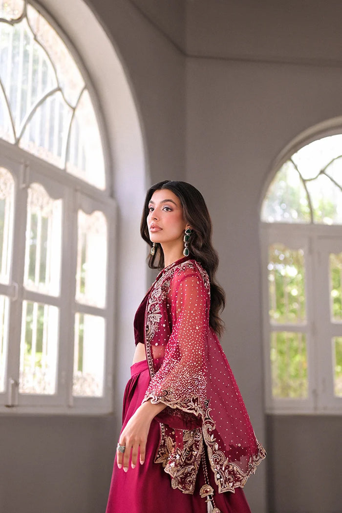 Reem Velvet Bandeau & Silk Draped Skirt with Embroidered Organza Jacket | Uzman Yasen