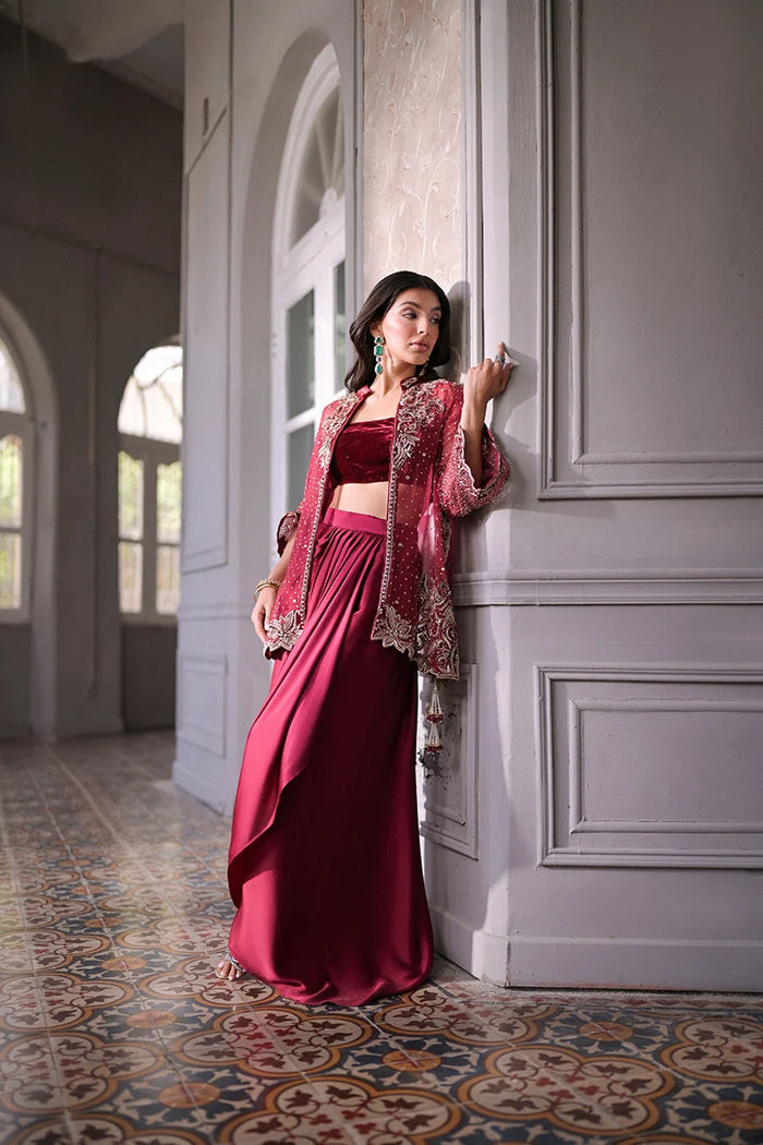 Reem Velvet Bandeau & Silk Draped Skirt with Embroidered Organza Jacket | Uzman Yasen