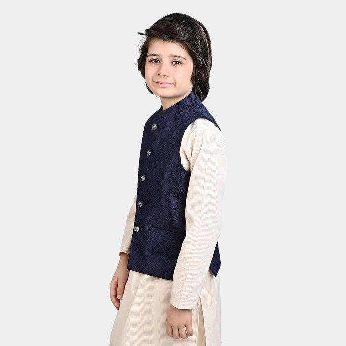Boys Poly Viscose Waistcoat (Self Textured)-Navy