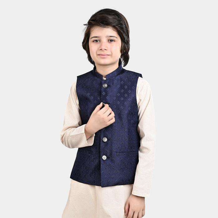Boys Poly Viscose Waistcoat (Self Textured)-Navy