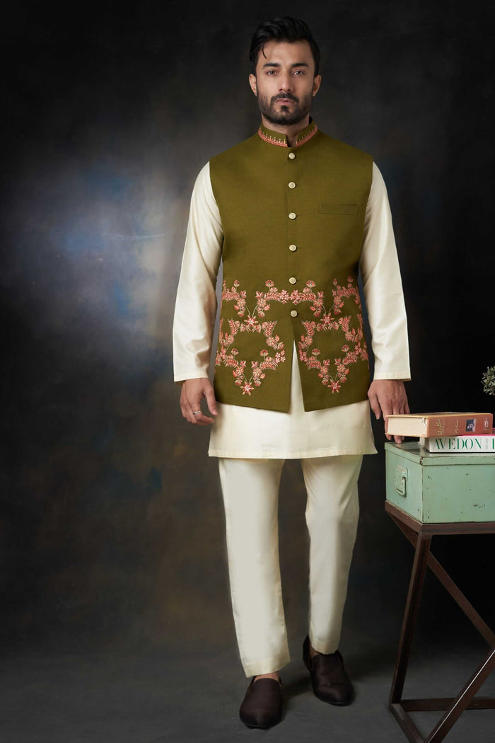 Dark Olive Green Handcrafted Embroidered Waistcoat