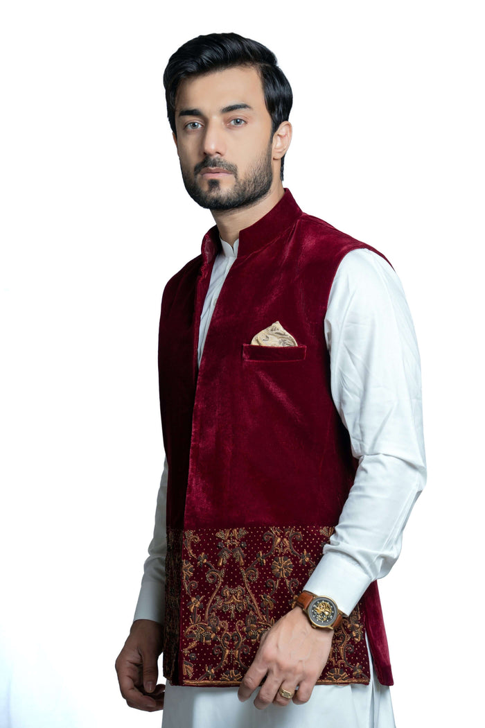 Deep Maroon Velvet Waistcoat with Gold Zardozi Embroidery