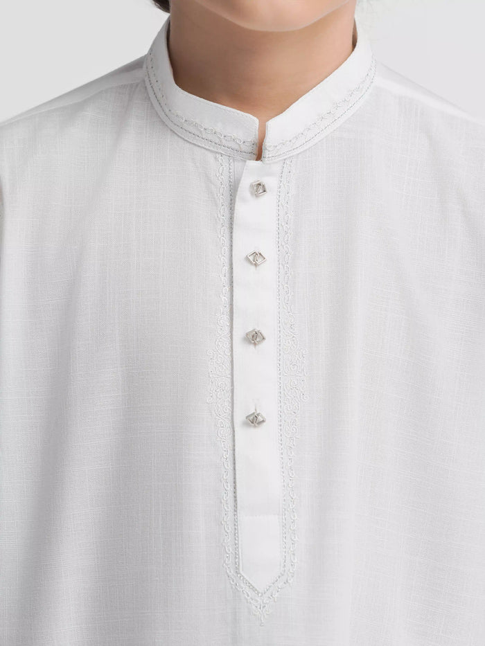White Embroidered Cotton Slub Kurta Pajama