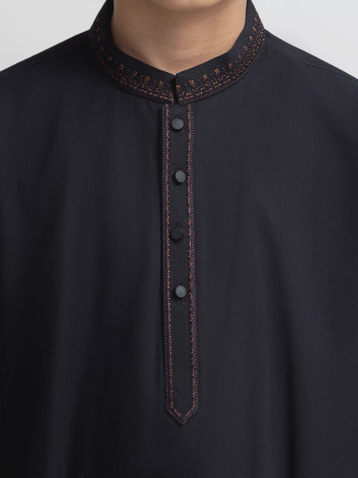 Black Embroidered Cotton Kurta Pajama