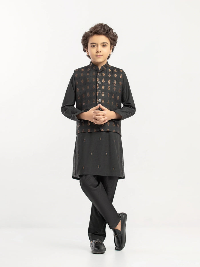 Black Embroidered Blended Waistcoat Suit