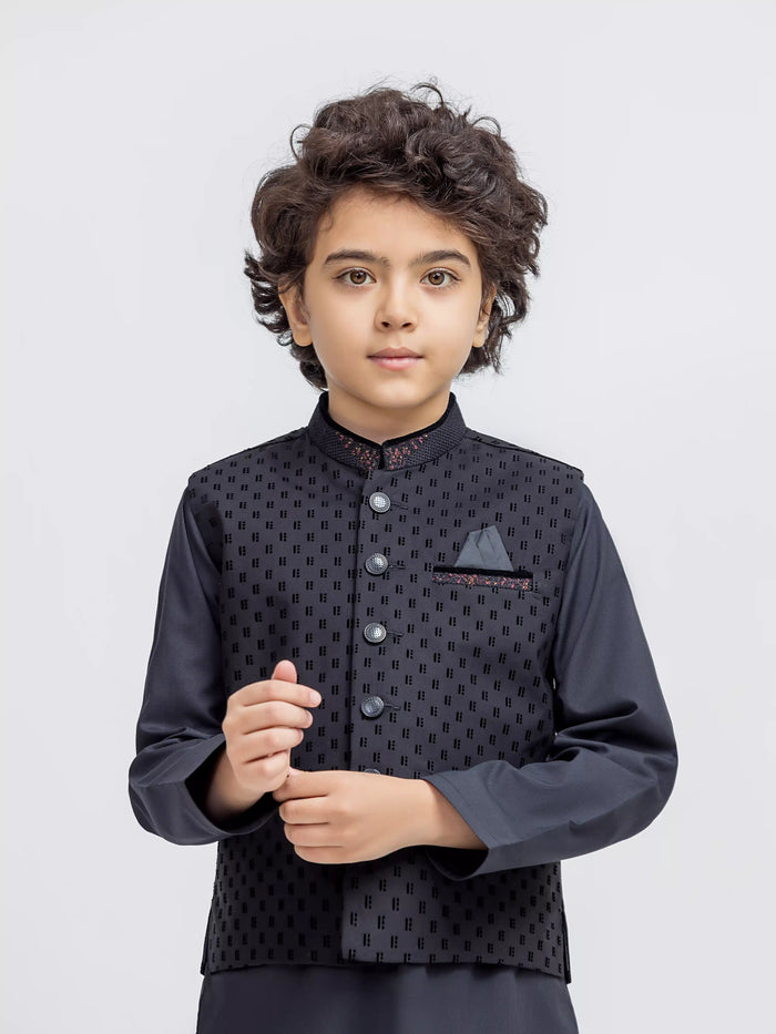 Black Embroidered Cotton Waistcoat Suit