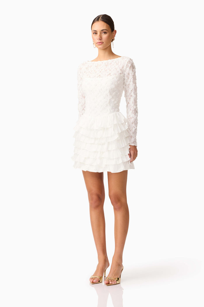 Athena Long Sleeve Lace Mini Dress in White