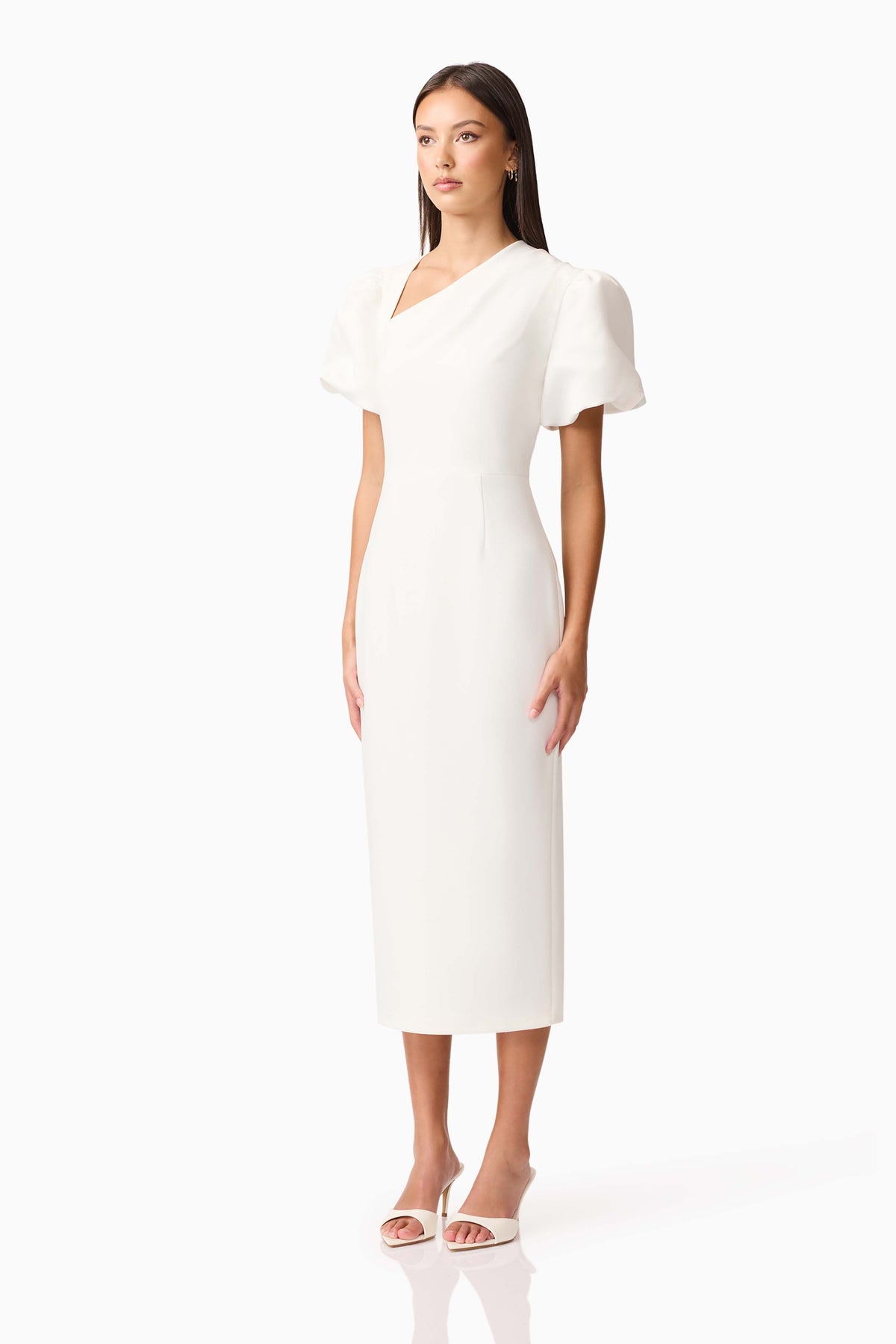 Hester Puff Sleeve Midi Dress in White