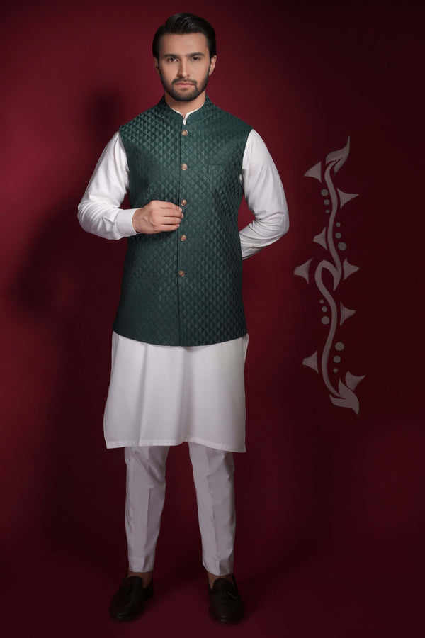 Emerald Green Diamond Texture Waistcoat Kurta Set.