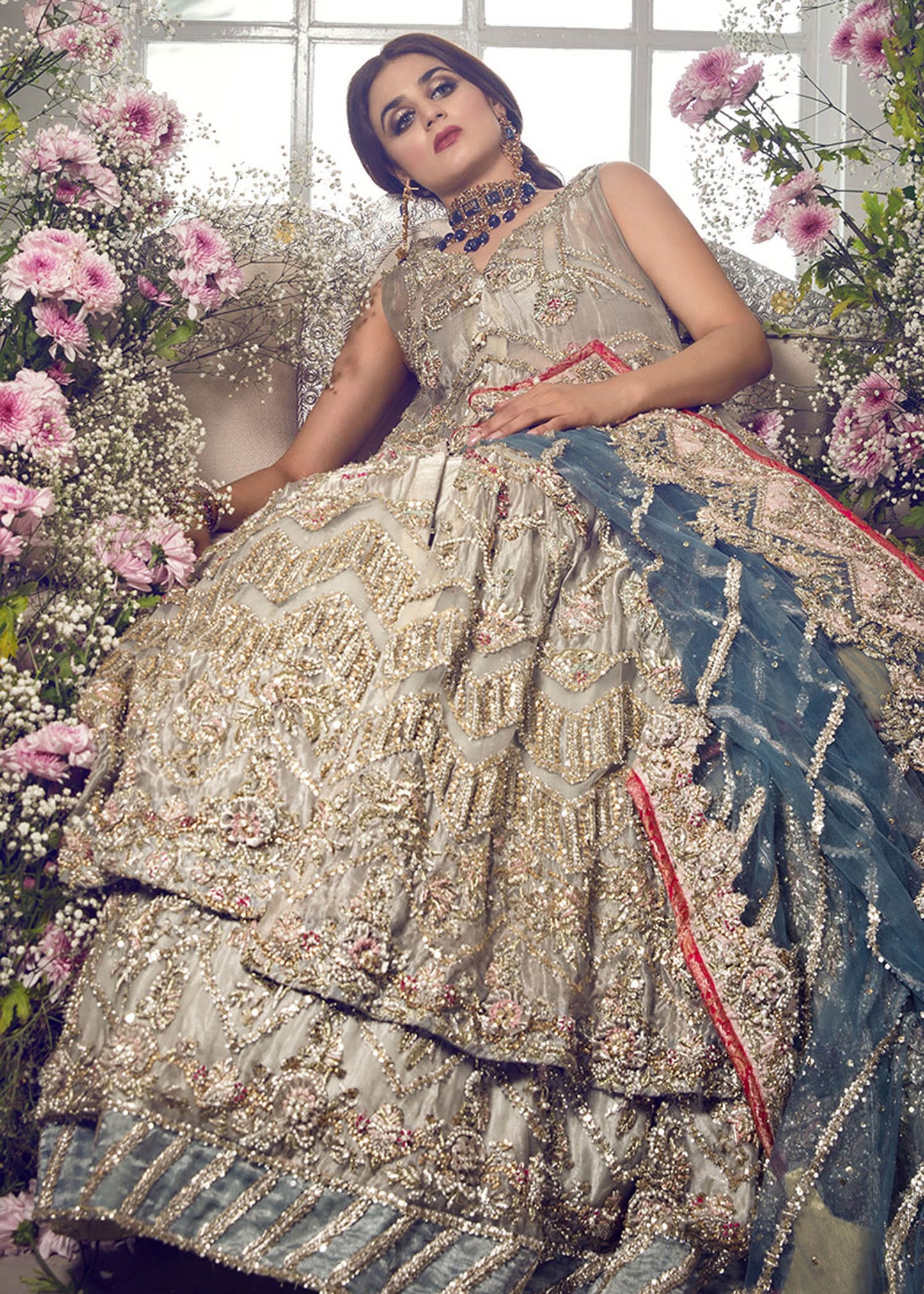 Pakistani Bridal Walima Dress in Gown lehenga and Dupatta Style