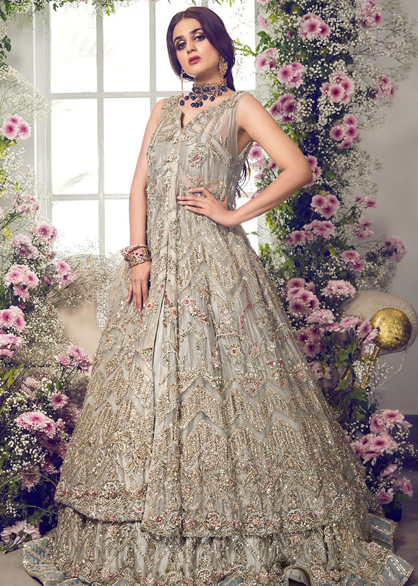 Pakistani Bridal Walima Dress in Gown lehenga and Dupatta Style