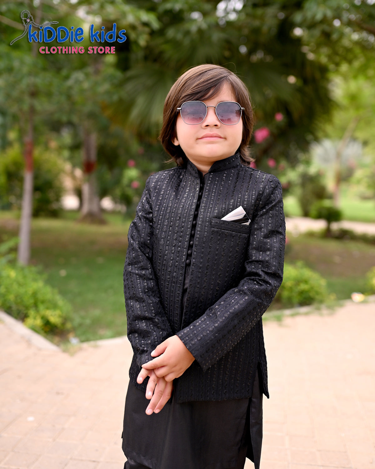 Black Sequence Embroidered Open Prince Coat (6yrs Only)