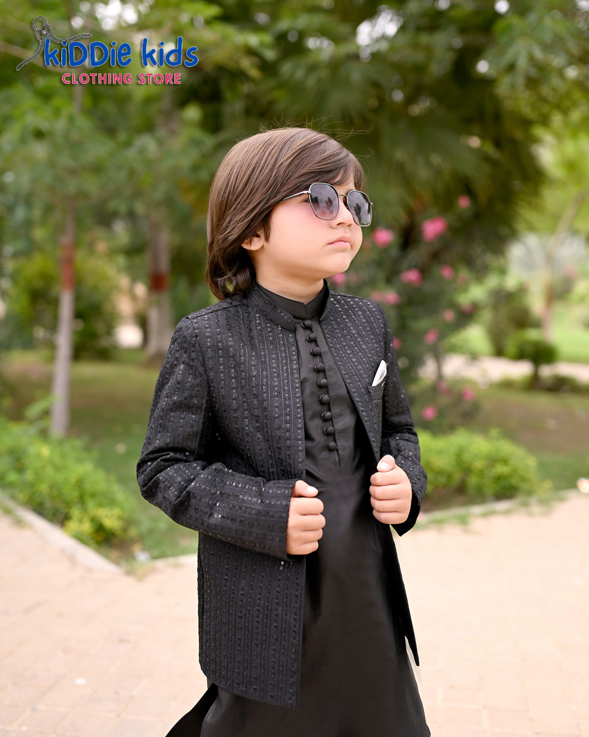 Black Sequence Embroidered Open Prince Coat (6yrs Only)