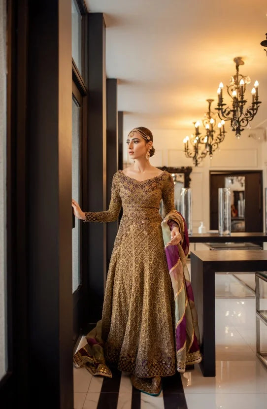 Embellished Floor Length Gown with Silk Lehenga and Dupatta