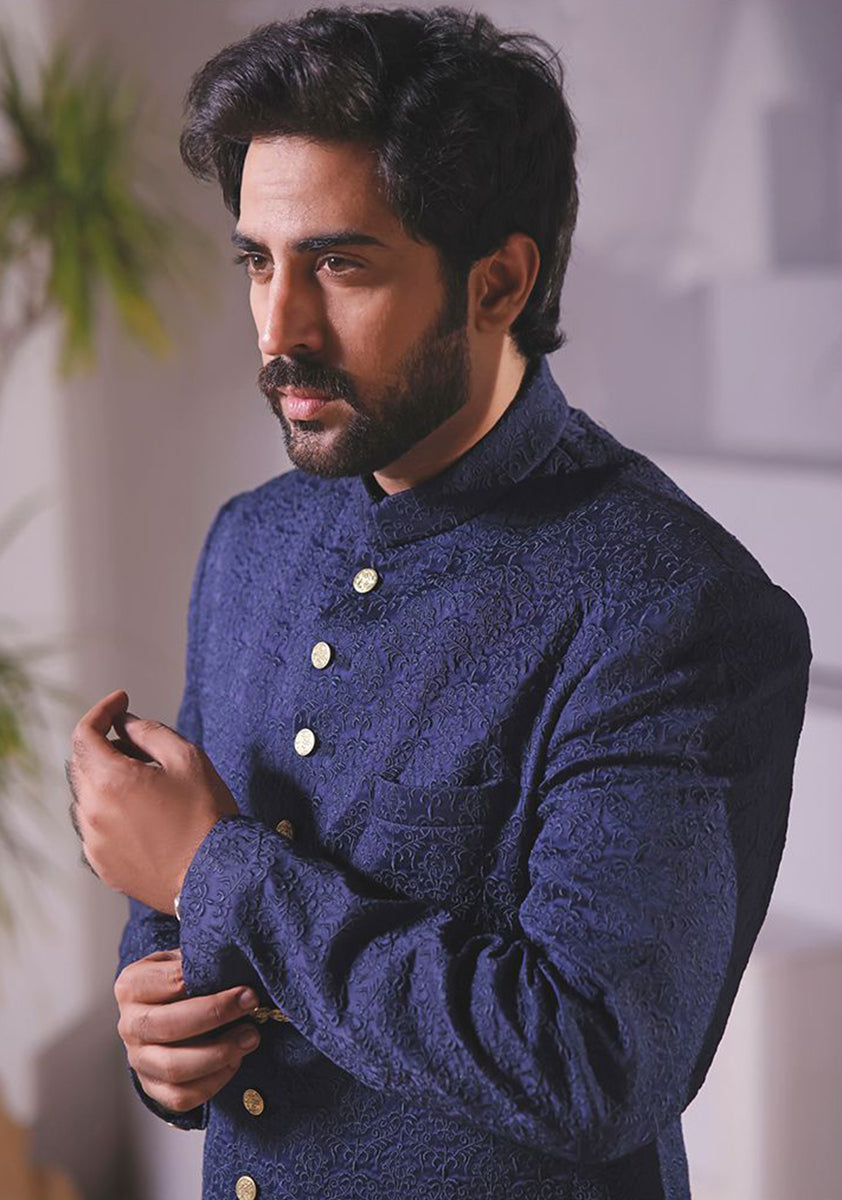 Premium Satin Navy Blazer Embroidered Sherwani
