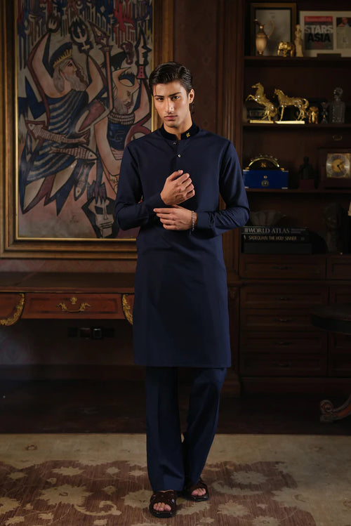 NAVY BLUE CHAMBRAY WASH N WEAR KURTA PAJAMA
