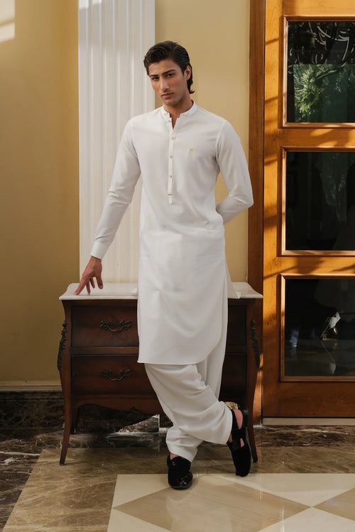 WHITE SELF TEXTURE WASH N WEAR SHALWAR KAMEEZ