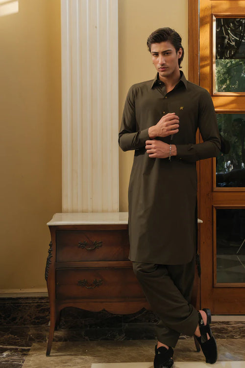 OLIVE GREEN WASH N WEAR SHALWAR KAMEEZ
