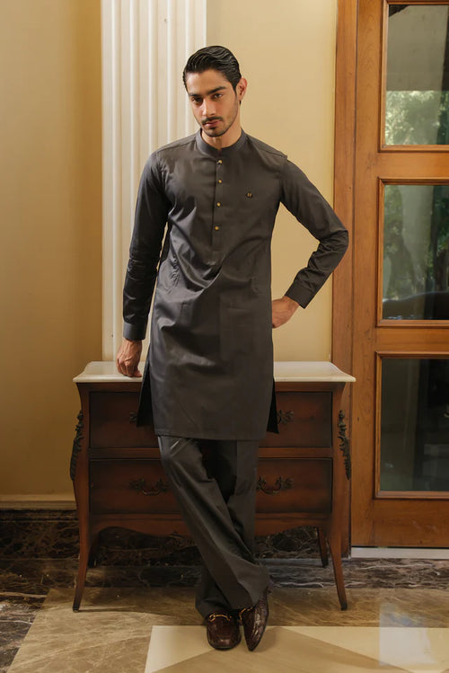 CEMENT GREY COTTON SATIN KURTA PAJAMA
