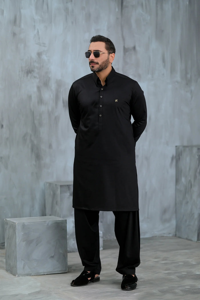 Black Cotton Satin Shalwar Kameez