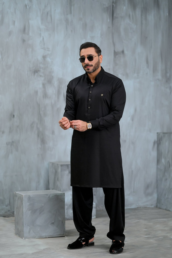 Black Cotton Satin Shalwar Kameez