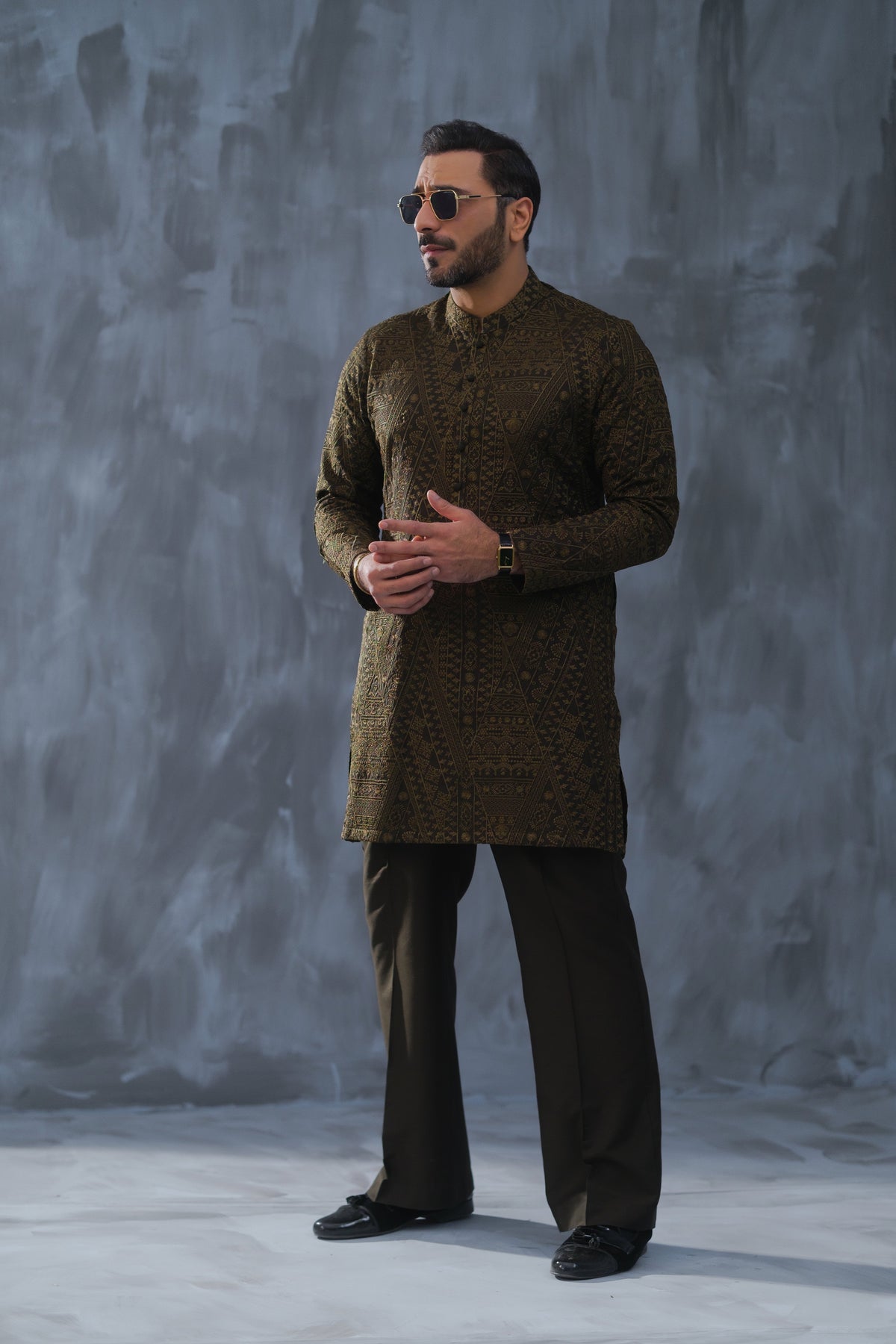 Olive Green Tarqee Kurta Pajama