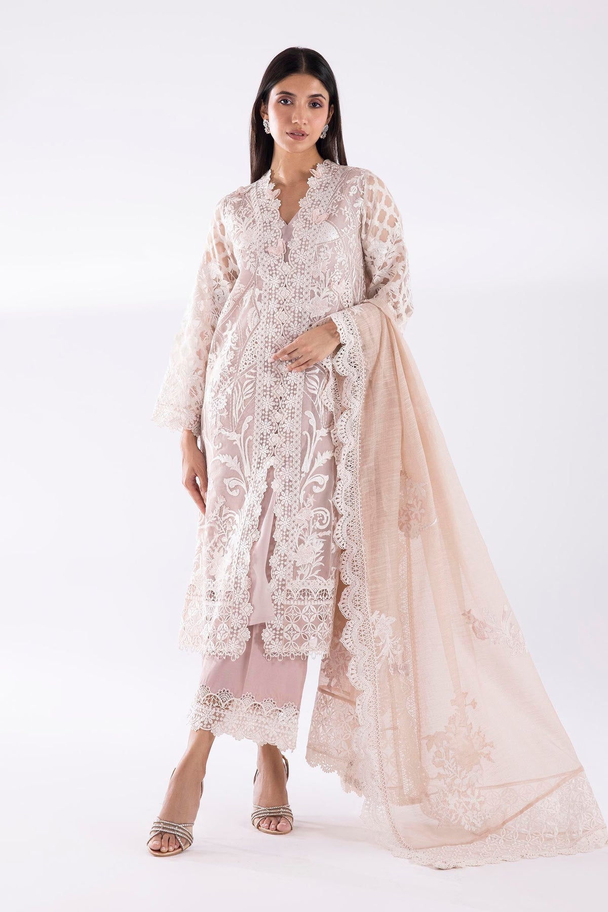 Dusty Pink Embroidered Organza Jacquard Suit
