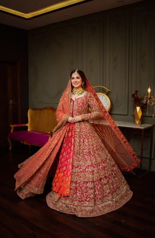 Multicolour Front Open Top And Brocade Layered Lehenga