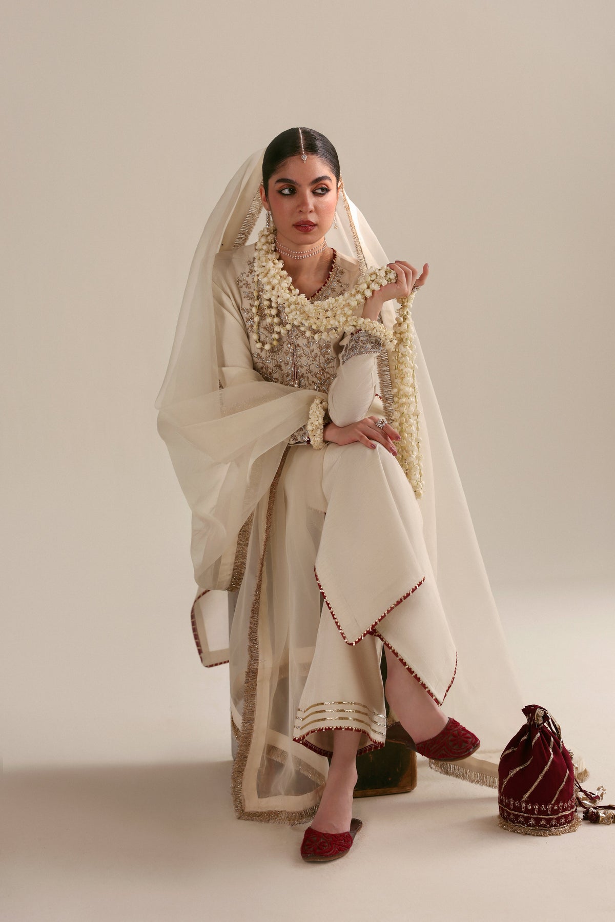 Ivory embellished raw silk 3-piece