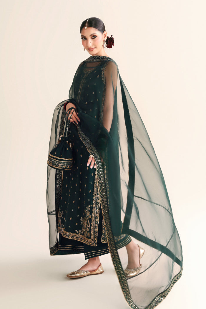 Emerald Green Handworked Raw Silk 3-Piece (Wedding Edit 2026)