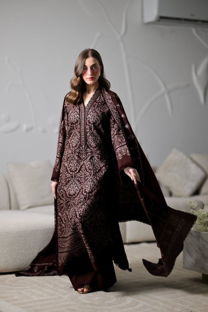 Mira I – Chocolate Brown Embroidered Karandi 3-Piece Suit
