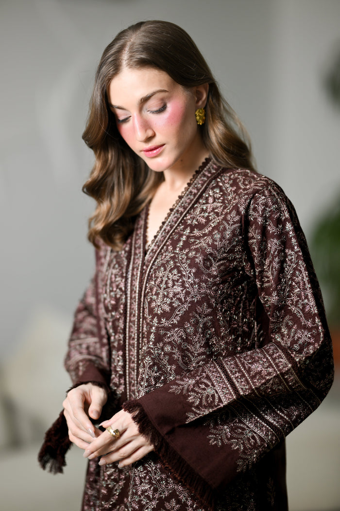 Mira I – Chocolate Brown Embroidered Karandi 3-Piece Suit