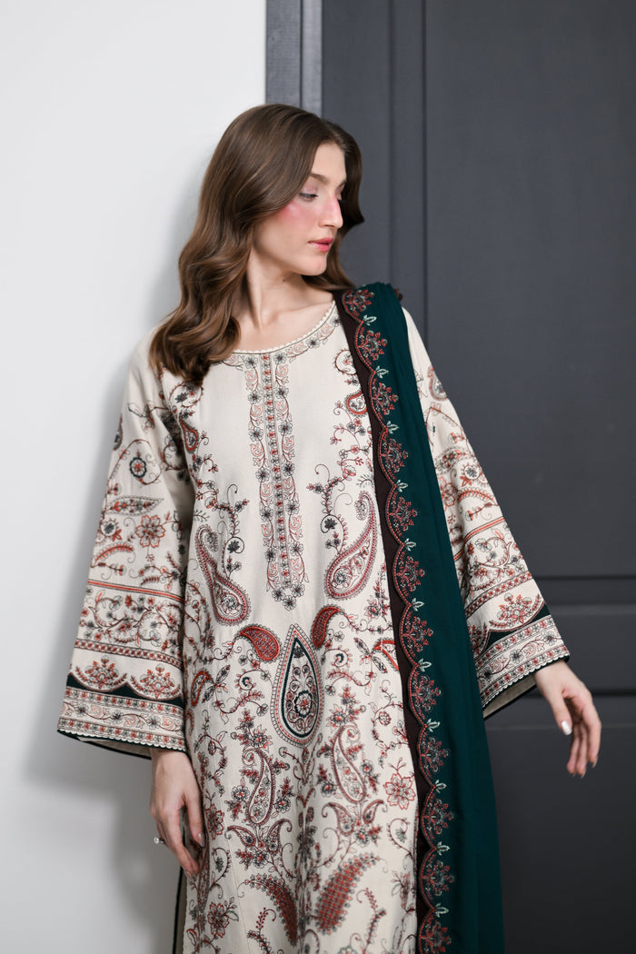 Elara – Ivory Embroidered Karandi 3-Piece Suit