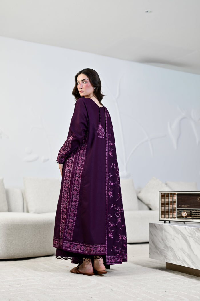 Dalia – Deep Plum Embroidered Karandi 3-Piece Suit