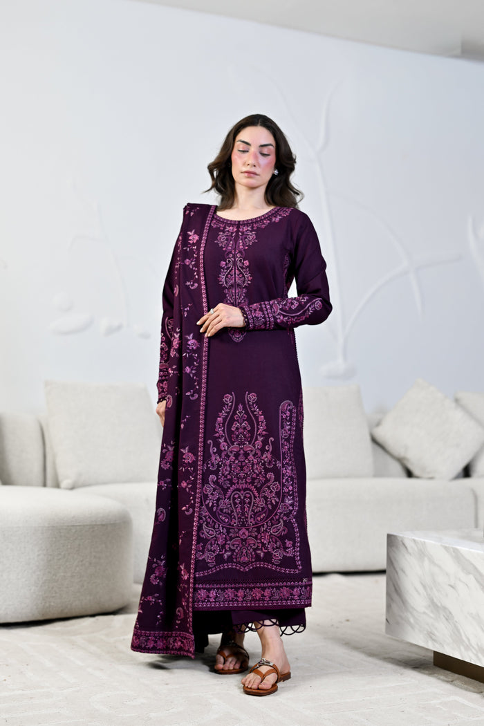 Dalia – Deep Plum Embroidered Karandi 3-Piece Suit