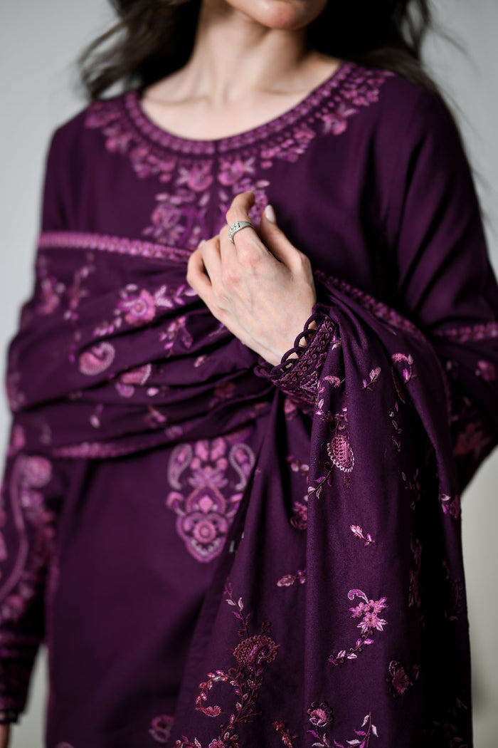 Dalia – Deep Plum Embroidered Karandi 3-Piece Suit