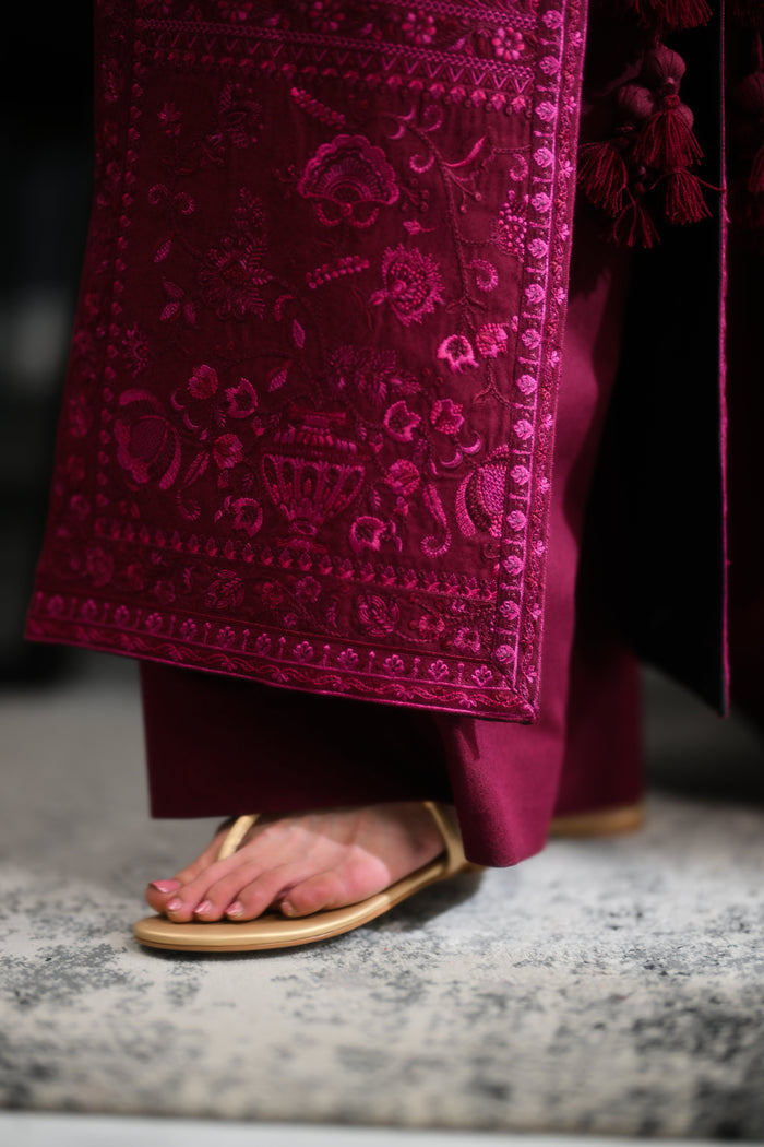 Celia – Burgundy Embroidered Karandi 3-Piece Suit