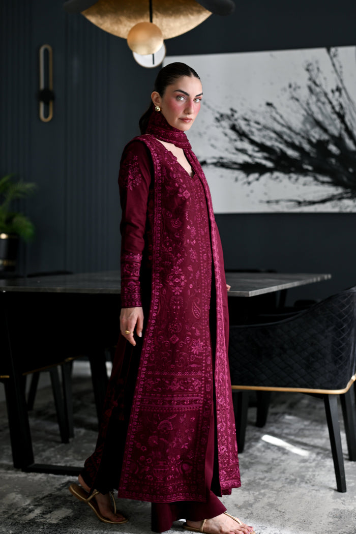 Celia – Burgundy Embroidered Karandi 3-Piece Suit