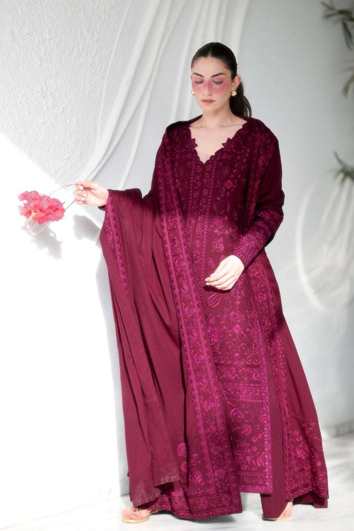 Celia – Burgundy Embroidered Karandi 3-Piece Suit