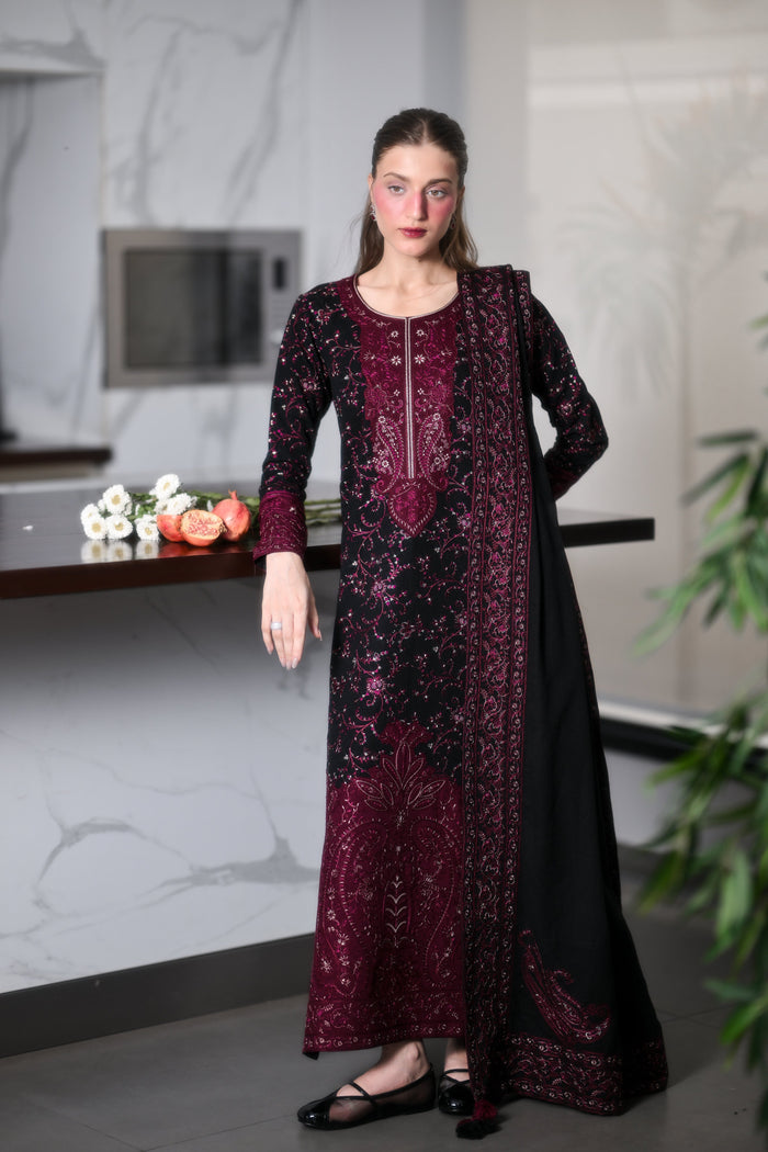 Black & Maroon Embroidered Karandi 3-Piece Suit
