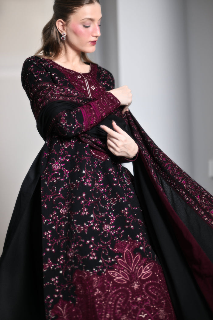 Black & Maroon Embroidered Karandi 3-Piece Suit