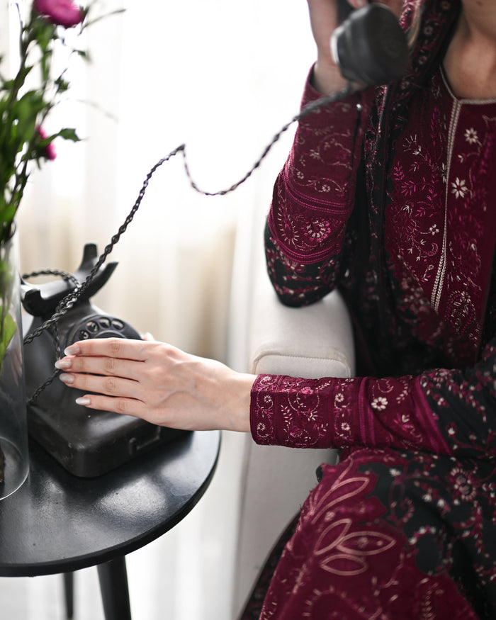 Black & Maroon Embroidered Karandi 3-Piece Suit