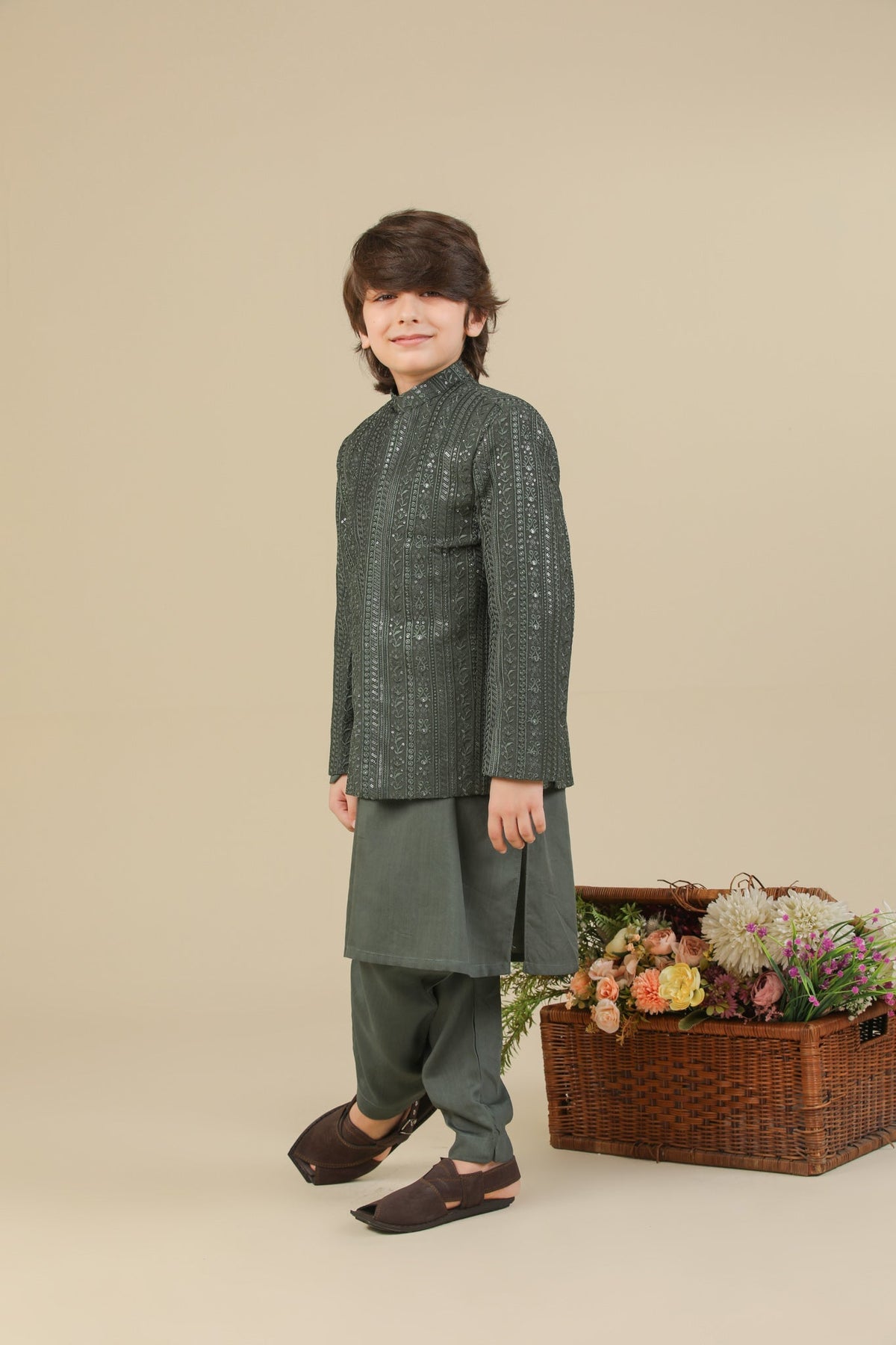 Olive Green Falling Embroidered Prince Coat - Kids