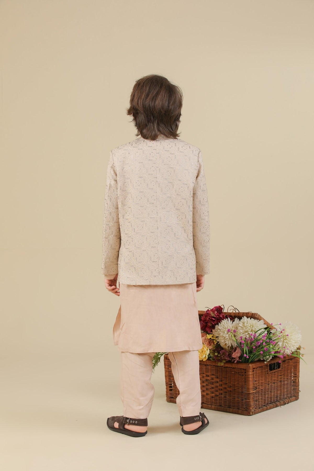 Coffee Beige Square Embroidered Prince Coat - Kids