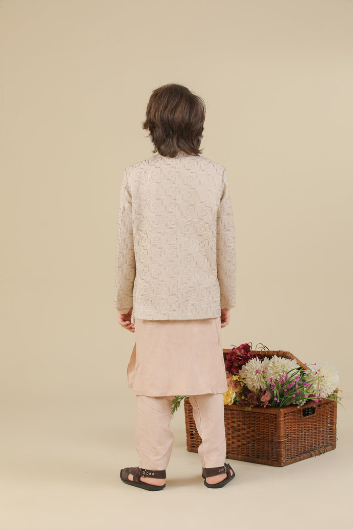 Coffee Beige Square Embroidered Prince Coat - Kids