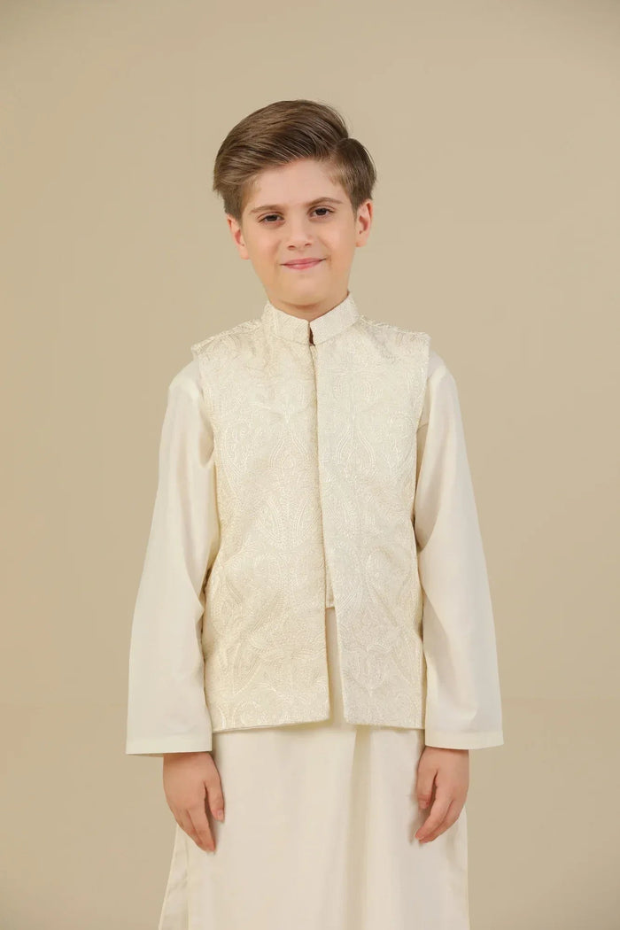 Bosky White Cross Stitched Embroidered Waistcoat - Kids