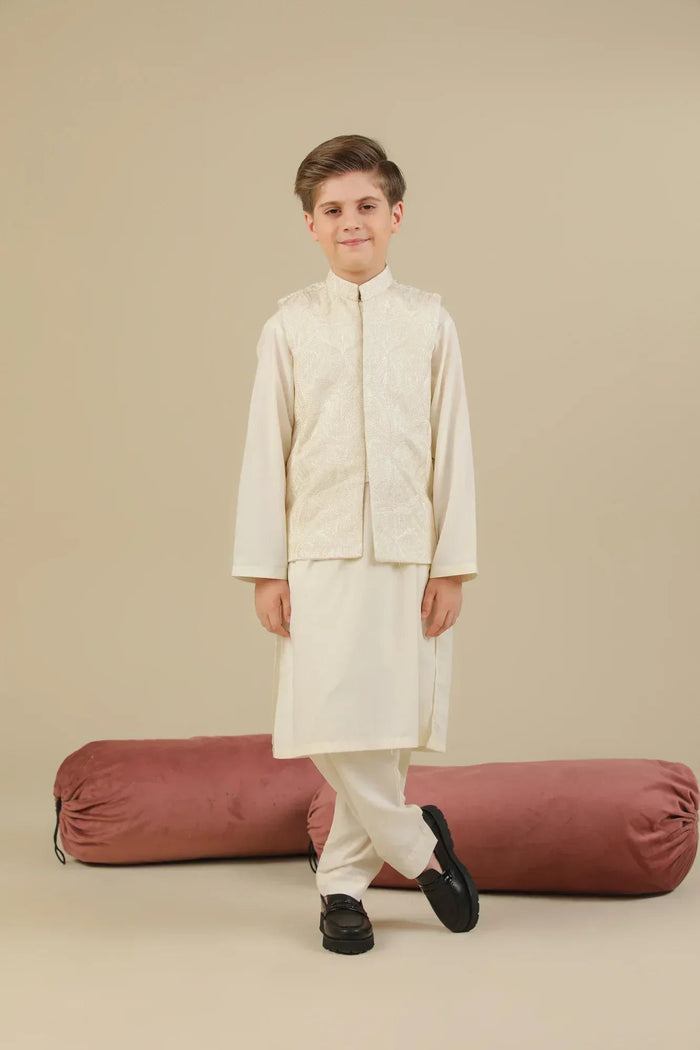 Bosky White Cross Stitched Embroidered Waistcoat - Kids
