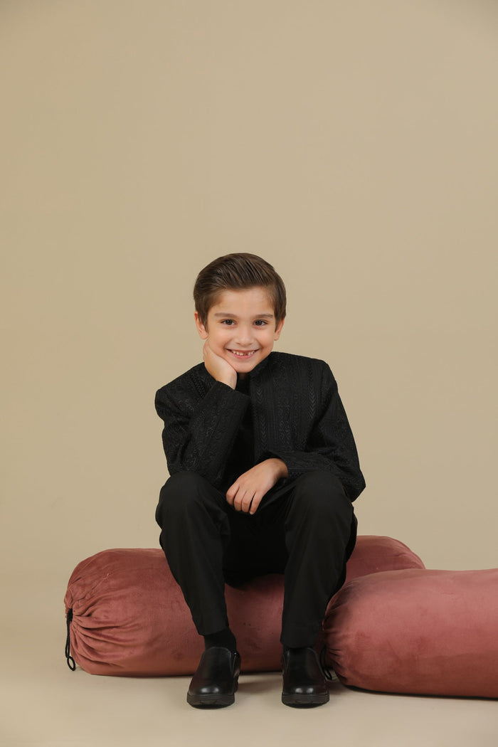 Black Cross Stitched Embroidered Prince Coat - Kids