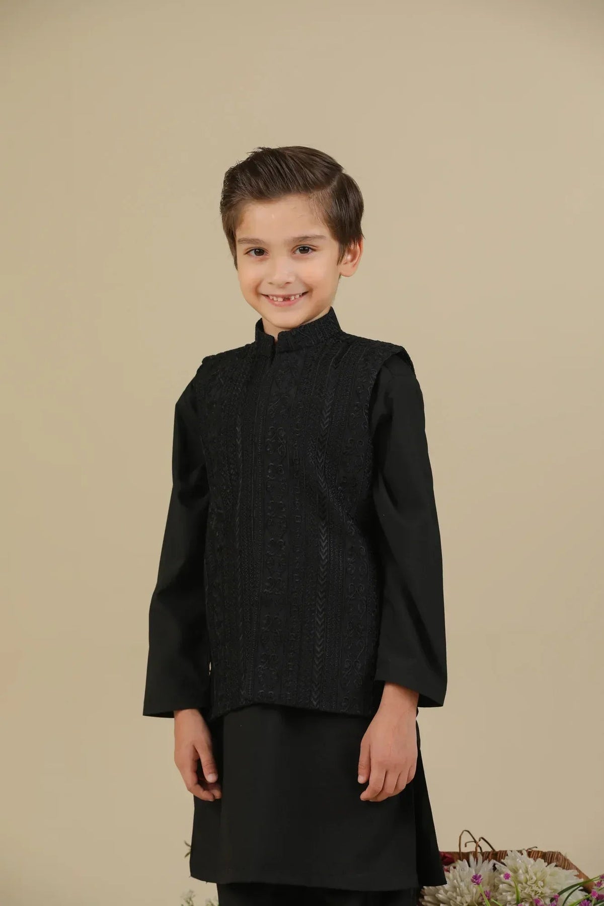 Black Cross Stitched Embroidered Waistcoat - Kids